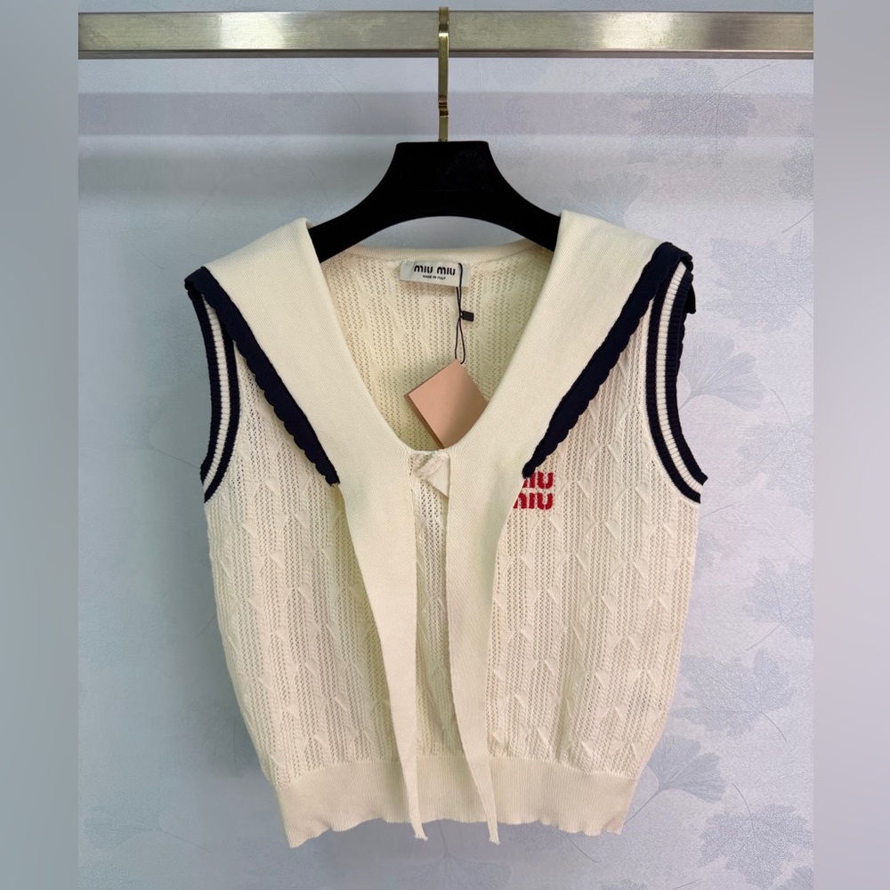 Miu Miu Cream Knit Sailor-Style Tank with Navy Trim and Red Logo